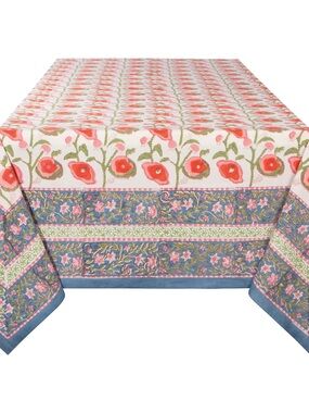 Coral Floral Border Tablecloth with Blue Stripe
